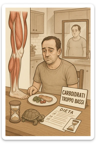 illustrazione anatomica di gamba più Uomo sui 35 anni in cucina, con espressione affaticata e spenta, guarda un piatto con pochissimi carboidrati (solo qualche verdura e proteine). Accanto a lui, fogli con una dieta rigida e una scritta visibile: 'Carboidrati troppo bassi'. Il suo corpo appare bloccato, senza definizione, con uno specchio alle spalle che riflette una figura stanca e senza progressi. Sul tavolo ci sono simboli che richiamano il metabolismo rallentato: una tartaruga, una clessidra ferma.corta o inibita sticker