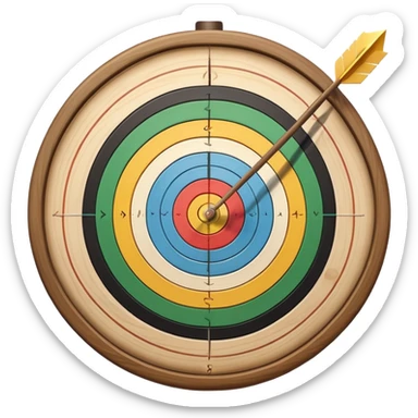 A bow with an arrow drawn back, aimed at a target with concentric rings. The background suggests a calm, outdoor archery range, emphasizing the precision, focus, and skill required in archery as a competitive sport. sticker