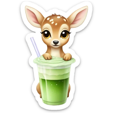 baby deer with fairy wings drinking iced matcha latte  sticker