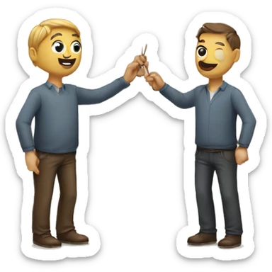 a man leads another man by a string, like a pet, but the string is tied to his nose sticker