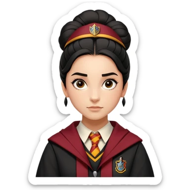 alicia spinnet in harry potter, wear hogwarts gryfindor uniform,  thick, black bun hair , reflecting her bold, stylish, and strong personality sticker