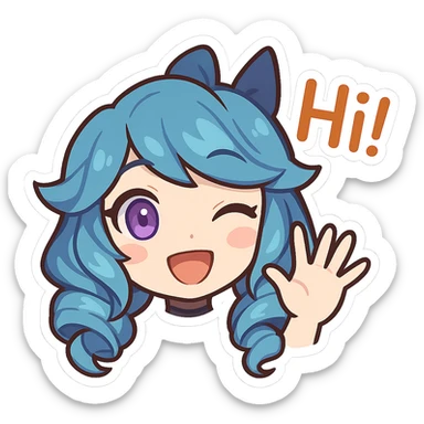 Gwen from League of Legends, chibi emote style, only head visible, right eye purple, friendly hi expression, waving hand, eyes open, cute and expressive sticker