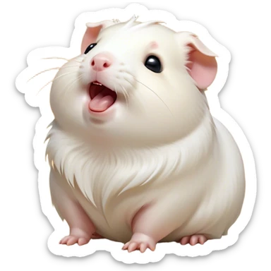 Cinematic Cute Yawning White Guinea Pig Portrait Emoji, Head tilted slightly with a dramatic, wide-open yawn, revealing a soft, downy white coat with tiny drooping ears, round dark eyes barely open in drowsy contentment, Simplified yet irresistibly adorable features, highly detailed, glowing with a soft, cozy glow, high shine, relaxed yet expressive, stylized with a touch of whimsy, bright and endearing, soft glowing outline, capturing the essence of a sleepy yet affectionate guinea pig, so drowsy it feels like it could stretch right out of the screen and curl up for a nap! sticker