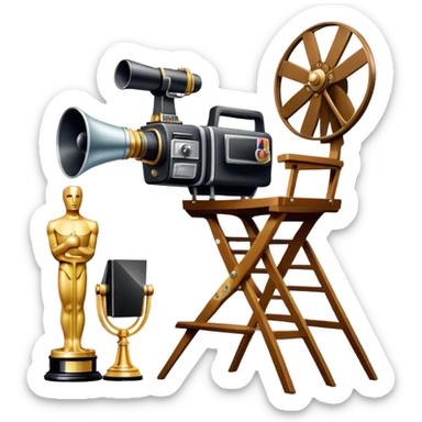 Professional icon for Directing: a collage featuring a director's chair, a film camera, a megaphone and an Oscar trophy. The icon should represent the craft and creativity of film directing, with emphasis on leadership and cinematic artistry. Transparent background. sticker