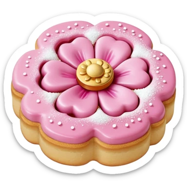 Realistic shortbread cookie in the shape of a camilia flower with pastel pink color jelly middle filling andkled powder sugar on top.emoj sprini sticker