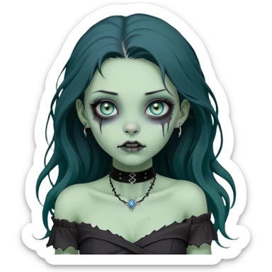 a soft, doll-like zombie girl with light sage green skin and big blue-green eyes, long black hair that swoops gently at the ends, a tiny silver nose stud and a delicate eyebrow piercing on the left side. she’s wearing an off-the-shoulder black top that shows her collarbones, sticker