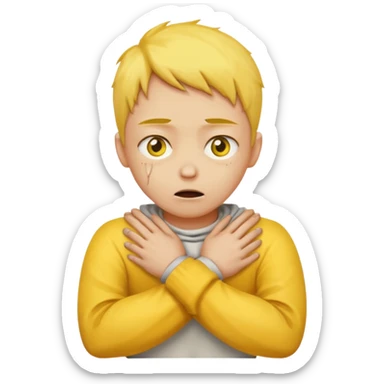 Yellow face emoji strangling itself with 2 arms crossed and hands saround neck and eyes looking up slightl sticker