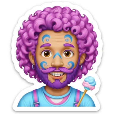 very colorful puffy violet curly haired man beard made out of cotton candy wearing teeth-braces and excessive face tattoos just face  sticker