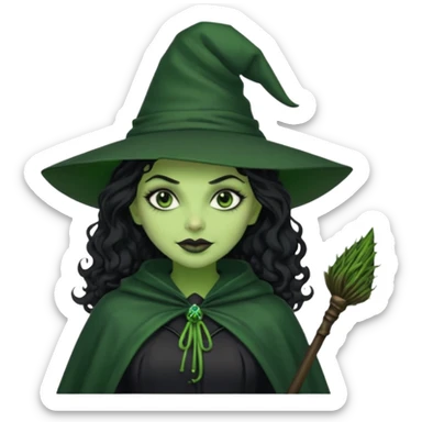 elphaba wicked witch with broom close up, evil dark curly long dark hair, green skin, thick green lips, cheekbones, smirk evil menacing cythia erivo dark aesthetic black hat cloak black broom sticker