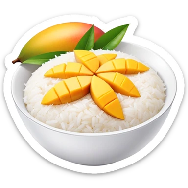 cinematic-realistic-mango-sticky-rice-dessert-emoji,-showcasing-sweet-sticky-rice out of a mould-paired-with-ripe-mango-slices-and-coconut-milk-rendered-with-lifelike-detail-and-warm,-inviting-lighting with the coconut  milk over the rice sticker