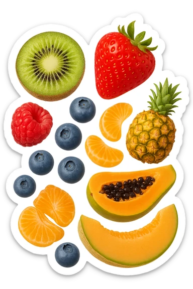 emoji stile iphone 3d di kiwi, fragole, lamponi, mirtilli, ananas, mandarini, papaya, melone cantalupo
 che fluttuano in aria, iperealistico 4k sticker