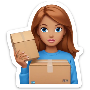 Barbie with shoulder-length reddish-brown hair, blue eyes with makeup, wearing a brown sweatshirt , stands with a parcel box sticker