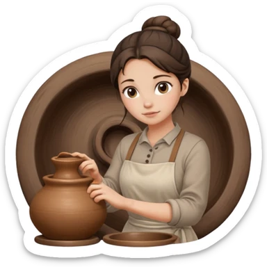 Brunette girl with a bun, behind the potter's wheel, wearing neutral clothing sticker