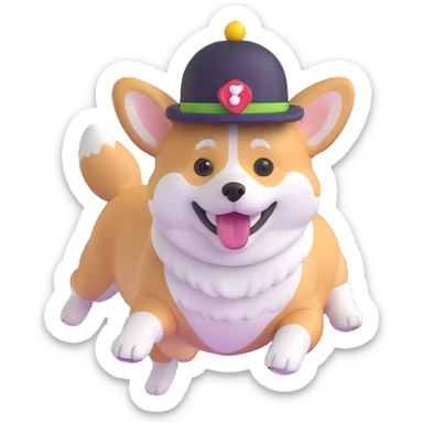 corgi dog jumping with a cute hat sticker