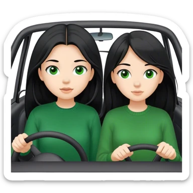 Girl 2 with black shirt girl 1 with green sweater Two girls both with black long hair in a white car driving to a destination sticker