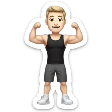 Joyful Celebrating victory Pale skinned Fit Man With the biceps and dark brown hair in black shirt, gray sports shorts and white Sneakers sticker