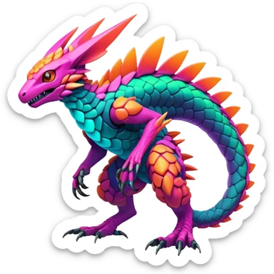 Tropical futuristic lush warm-colored modern colorful neon-colored cyber-Fakémon-Digimon-Trico-Vernid-creature sticker