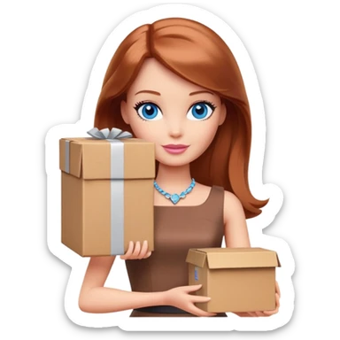 Barbie with blue eyes, shoulder-length reddish-brown hair in a brown dress holds a package box sticker