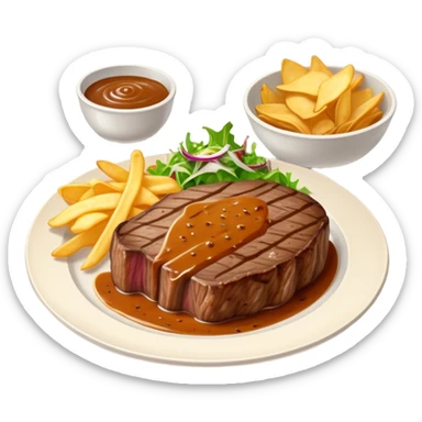 big juicy australian steak meal featuring chips, small salad in a ramikan and gravy in a small bowl on the plate sticker