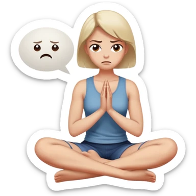 angry woman sitting cross-legged on floor with arms firmly crossed, face turned away, furrowed eyebrows and frowning expression, speech bubble ignored or crossed out nearby, back partially turned to conversation sticker