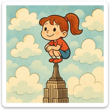 a cartoon girl squatting on the spire of the Empire State Building, whimsical style, clouds around sticker