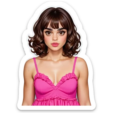 Curly brown hair cut to the chest with curtain bangs, brown eyes, light skin, arched eyebrows, pink lips, small breasts and 90 kg sticker