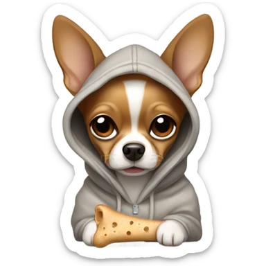 Brown chihuahua wearing a hoodie holding a dog bone sticker