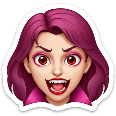 Uma vampira, com a boca aberta mostrando os caninos afiados. Olhos castanhos, cabelo com mechas vermelhas quase rosa. Rosto oval, tom de pele parda. sticker