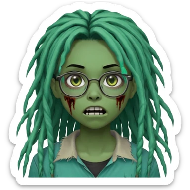 One teen female green-skinned, zombie super pretty with glasses, with ombre black roots & teal tips long dreadlocks and a side bang of her locs that fall over the right eye and a worried expression like with the mouth open, teeth showing, and the jaw uneven. with a small wound near its mouth. sticker