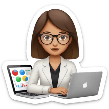 girl analyst with a laptop, surrounded by charts and data emoji sticker