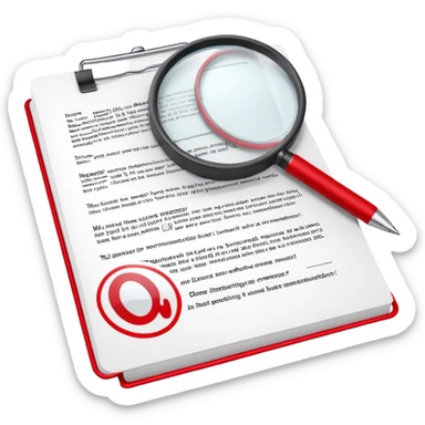 Create an emoji representing editing and proofreading. The design should feature an open document or manuscript with visible text and proofreading marks (such as red underlines or corrections). A red pen or pencil should be placed near the document, symbolizing the act of making edits. Optionally, include a magnifying glass to represent careful review. Use neutral and professional colors like white, black, and red accents to highlight the editing process. Do not include any emojis or smiley faces. Make the background transparent. sticker