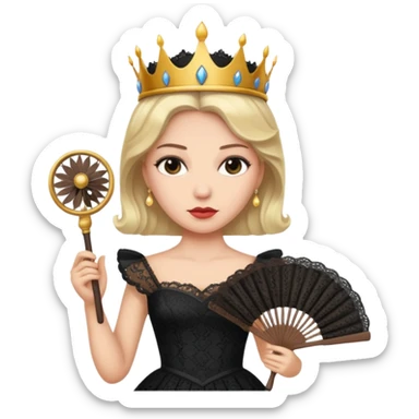 A stern queen with dark lace dress, holding a fan and observing with authority.
 sticker