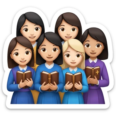 eight asian girls talking to each other holding bibles and crosses sticker