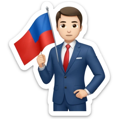 a male politician in a business suit with a Russian flag sticker