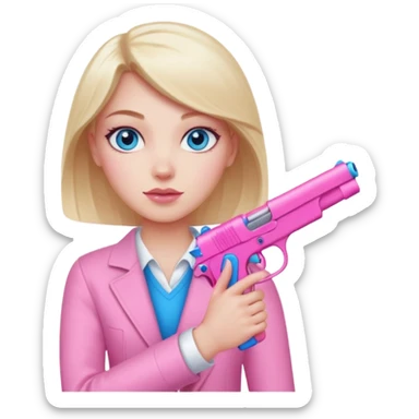 white girl, blue eyes, pink manicured hand holding a pink gun sticker