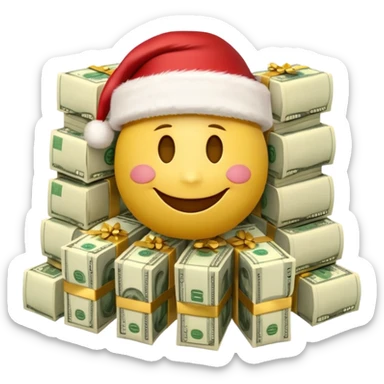 A festive 3D emoji style yellow smiley face wearing a Santa hat, surrounded by stacks of cash and dollar bills, joyful expression, Christmas and New Year theme, high quality, clean design, studio lighting, no text, no background, isolated object, transparent background, emojis.com style sticker