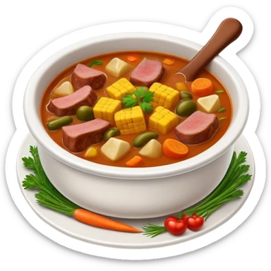Cinematic Realistic Sancocho Soup Dish Emoji, featuring a rich, hearty stew with diverse meats and vegetables rendered with lifelike detail and warm, comforting lighting. sticker