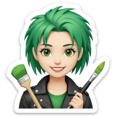 punk-girl with green hair in leather jacket with brush smiling  sticker