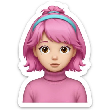 brown fluffy haired girl with pink turtleneck sweater and pink hair band sticker