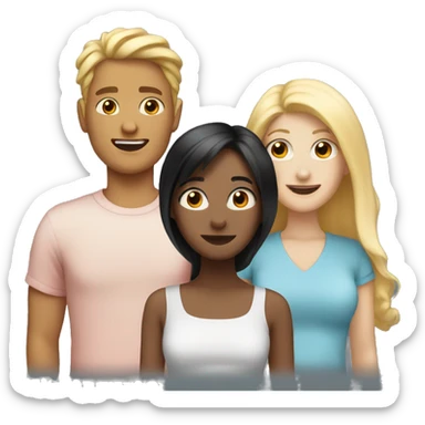 three friends, one with black hair, the other with blond hair and the third with red hair sticker