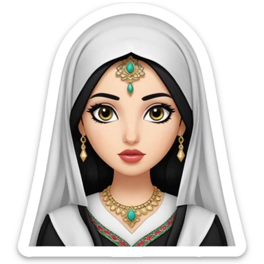 Arab nose, pretty lips, tatreez palestinian clothes, fair skin,  long black hair, veil, pretty bratz baddie, black eyeliner sticker