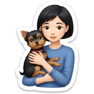 A beautiful girl with short black hair happily hugs a Yorkshire Terrier sticker