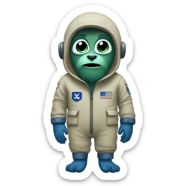 A yeti with big eyes wearing a khaki green flight suit with blue hands and feet sticker