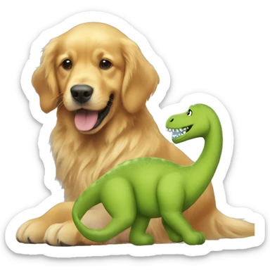 A golden retriever playing with a big dinosaur stuffed animal sticker