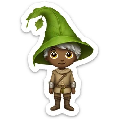 whimsical fairytale medieval boy who is tiny and wearing a leaf hat sticker