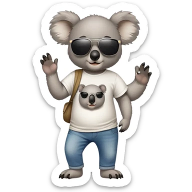 anthropomorphised koala in a band t-shirt and jeans with dark sunglasses walking upright relaxed pose sticker