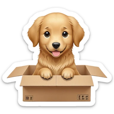  A very cute young Golden Retriever  with one's head tilted to one side poked its paws out of the cardboard big box and placed them on top of it sticker