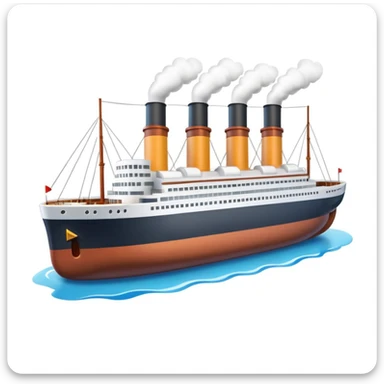 miniature 3D Titanic ship emoji in Apple style, with two smokestacks, compact and smooth, bright clean colors, simplified details, floating on blue water, no faces, soft shadows, high-quality render, white background sticker