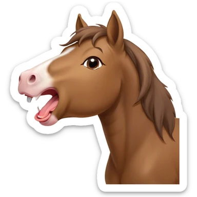 Cinematic Cute Yawning Brown Welsh Pony Portrait Emoji, Head tilted slightly with a dramatic, wide-open yawn, showcasing a sturdy, brown-colored form with softly drooping ears and sleepy, half-closed eyes, Simplified yet irresistibly adorable features, highly detailed, glowing with a soft, cozy earthy glow, high shine, relaxed yet expressive, stylized with a dash of rustic charm, soft glowing outline, capturing the essence of a drowsy yet affectionate brown Welsh pony that appears ready to stretch and yawn its way off the screen! sticker