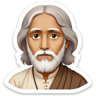 Rabindranath Tagore – Cinematic Realistic Portrait of Rabindranath Tagore, depicted with thoughtful, soulful eyes and gentle features, dressed in traditional Bengali attire with subtle artistic motifs, bathed in warm, soft lighting that evokes his poetic genius and timeless wisdom. sticker